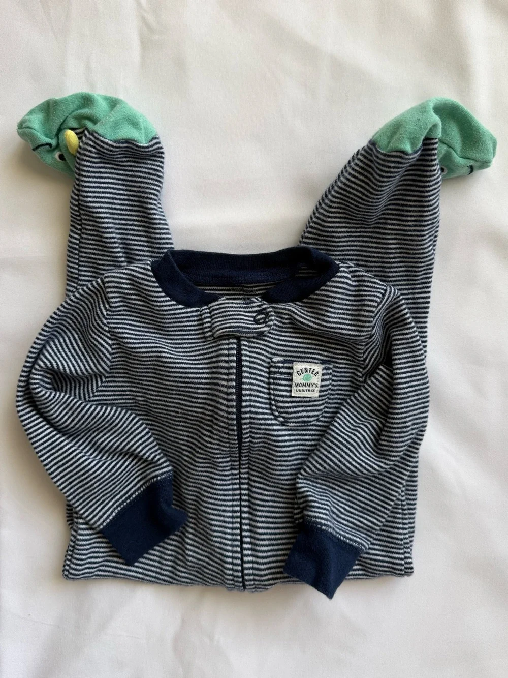 Carter's Navy and White Striped Footed One-Piece with Green Monster Feet